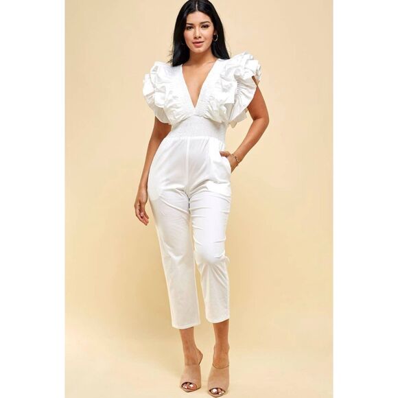 White Ruffled Sleeve Jumpsuit Summer Small - Picture 1 of 5